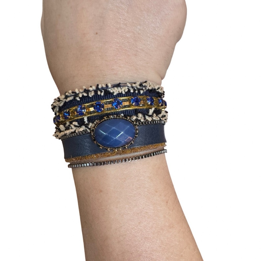 Laura Janelle Blue and Gold Leather Fringed Rhinestone Bohemian Bracelet